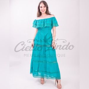 Adalia Mexican Maxi Solid Lace Teal Dress
